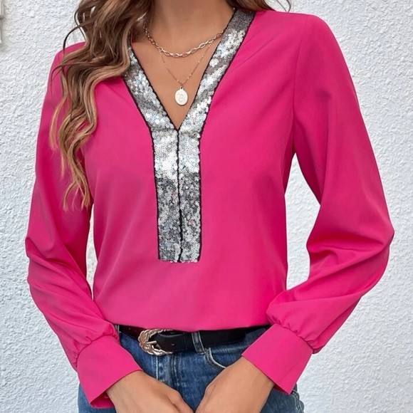 SHEIN Essnce Contrast Sequin V Neck Blouse in Hot Punk..Sz. M..never worn..NWOT. - Picture 4 of 7